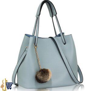 Blue Hobo Bag With Faux-Fur Charm 1