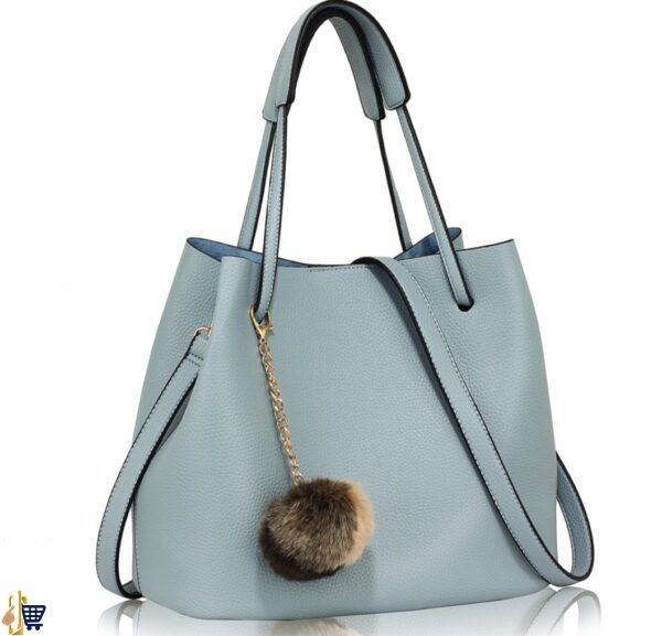 Blue Hobo Bag With Faux-Fur Charm