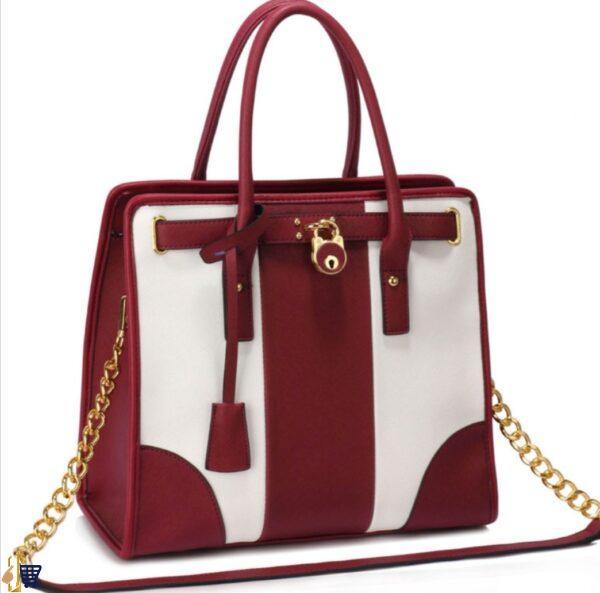 Burgundy/White Colour Block Tote Handbag