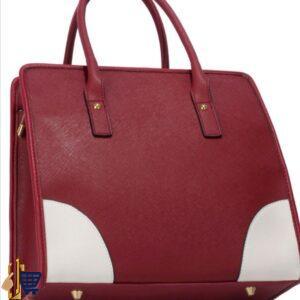 Burgundy/White Colour Block Tote Handbag 2