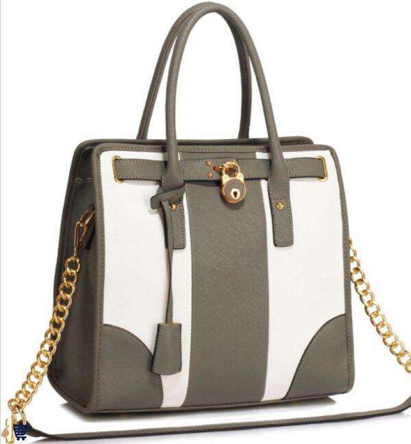 Grey/White Colour Block Tote Handbag