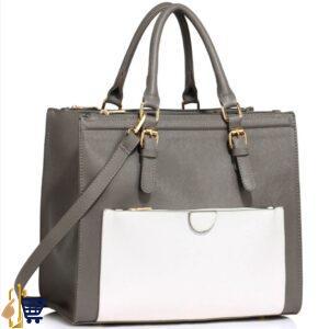 Grey/White Front Pocket Grab Tote Handbag 1