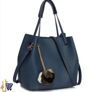 Navy Hobo Bag With Faux-Fur Charm 1
