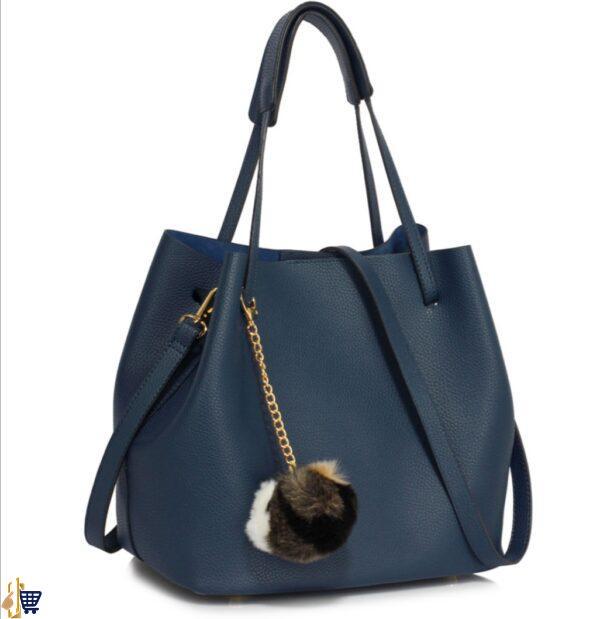 Navy Hobo Bag With Faux-Fur Charm