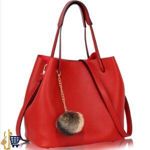 Red Hobo Bag With Faux-Fur Charm 1