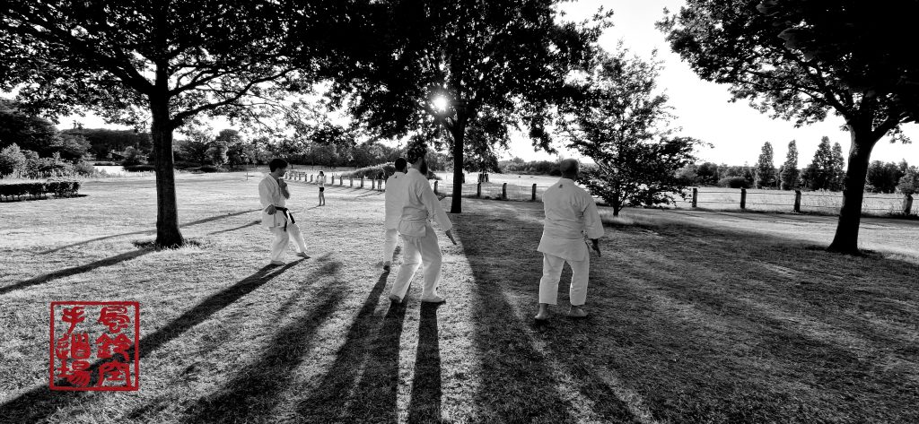 Karate students training outdoors.