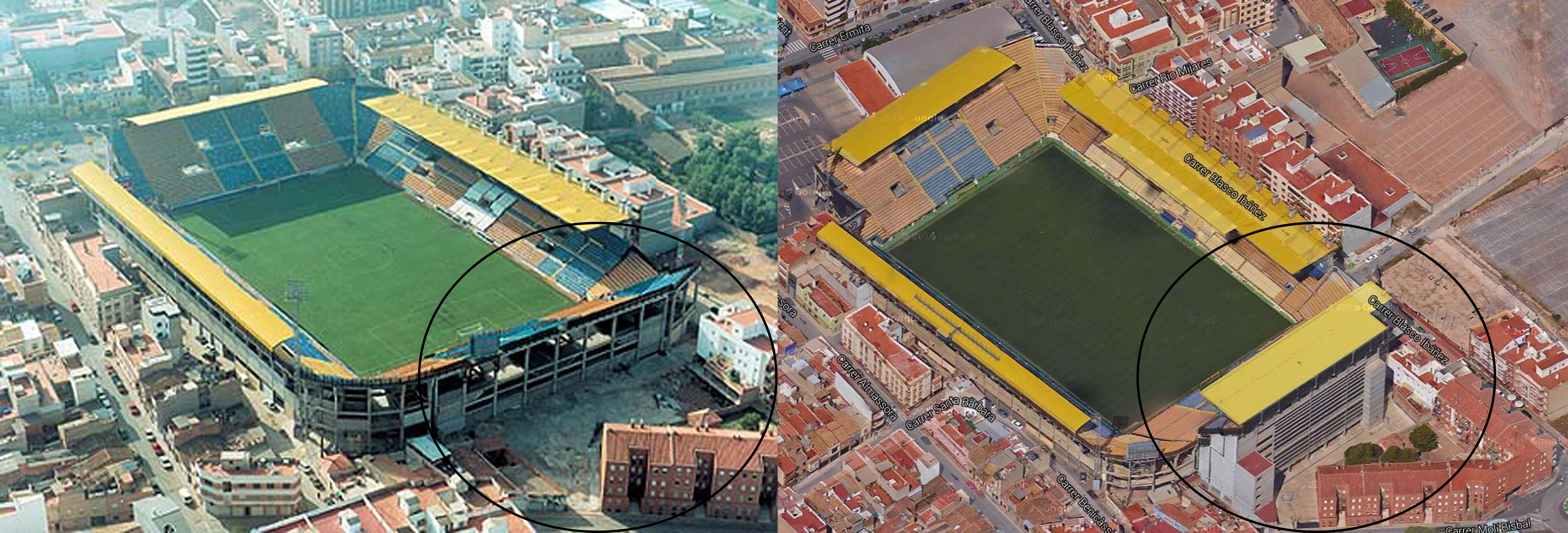 Antes y después de la grada visitante sobre el fondo norte. El estadio crece poco a poco a partir de los espacios que gana a las viviendas
