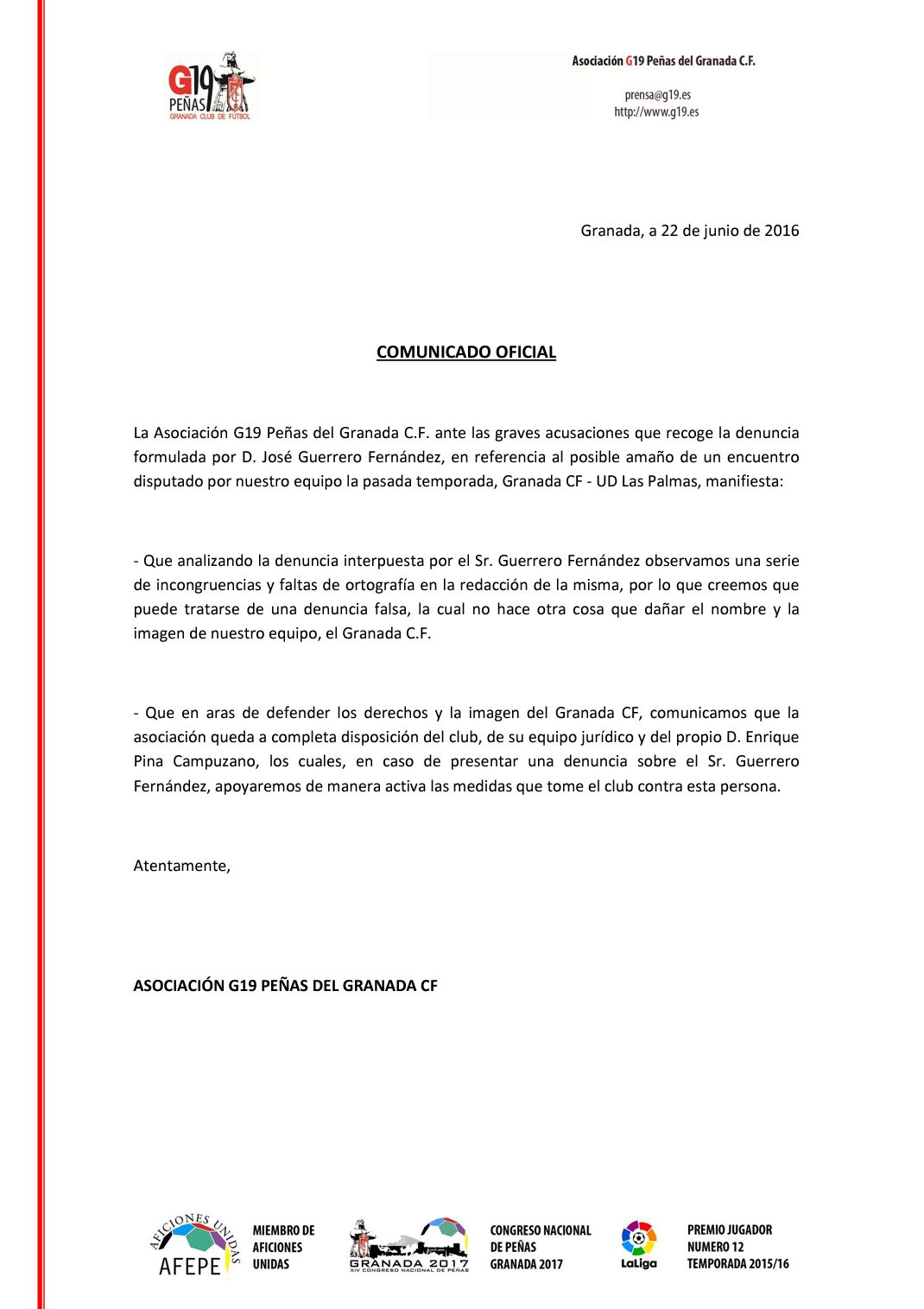 Comunicado denuncia sobre posible amaño Granada CF - UD Las Palmas