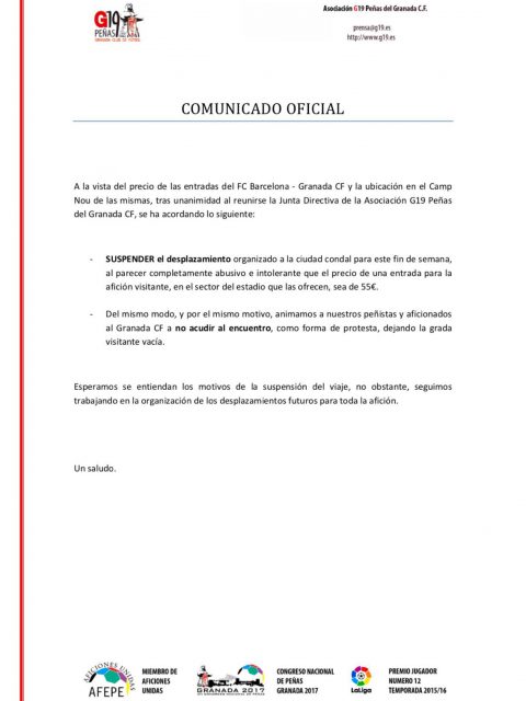 Comunicado Oficial emitido por G19