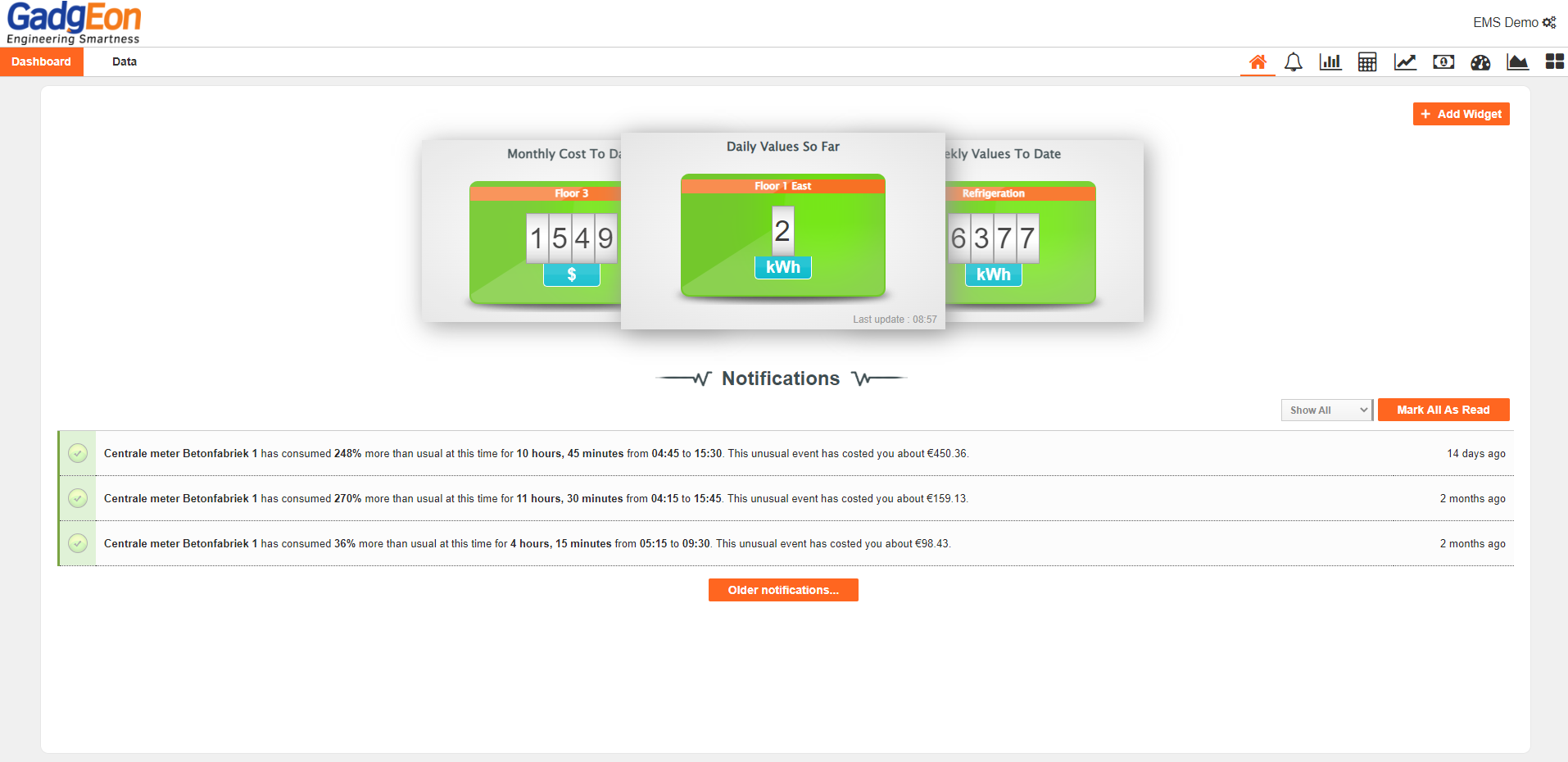 Startpagina met aangepaste widgets en meldingen