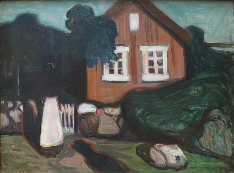 Painting of house with woman and man
