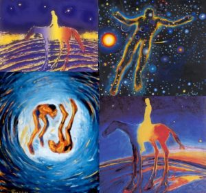 4 paintings of men in space