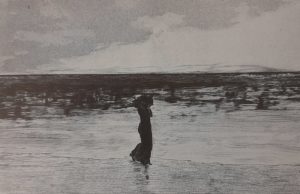 Lonly woman in grey landscape