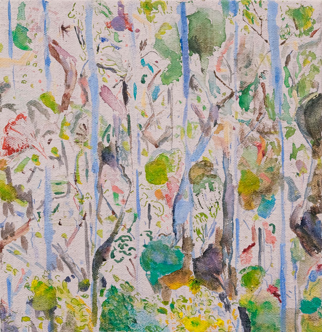 Metsäunelmia /Forest dreams, 2018, 40x40, vesiväri, tussi ja öljyväri kankaalle