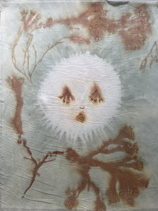 Anne Munnecke: Seaweed Sister no 2, seaweed and Japanese indigo on silk, Walnut/madder watercolor, 34 x 46 cm