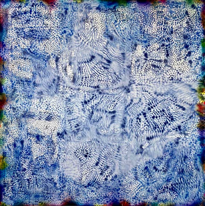 Rose-Mari Torpo: Blue Lichen, 2023, 140 cm x 140 cm, muste ja akryyli kankaalle