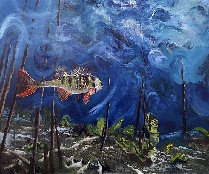 Jesse Avdeikov, mr. Fish doesn't know what the future will bring and doesn't remember the past, 2018, öljy kovalevylle, 50 x 60 cm