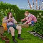 Joel Slotte: Pitkä päivä puutarhassa / A long day in the garden / En lång dag i trädgården, Öljy kankaalle / Oil on canvas / Olja på duk 160 x 160 cm, 2018