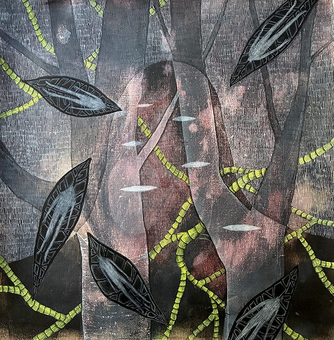 Sigga Björg Sigurðardóttir: Siren, acrylics & mixed medium on canvas, 52 x 50 cm