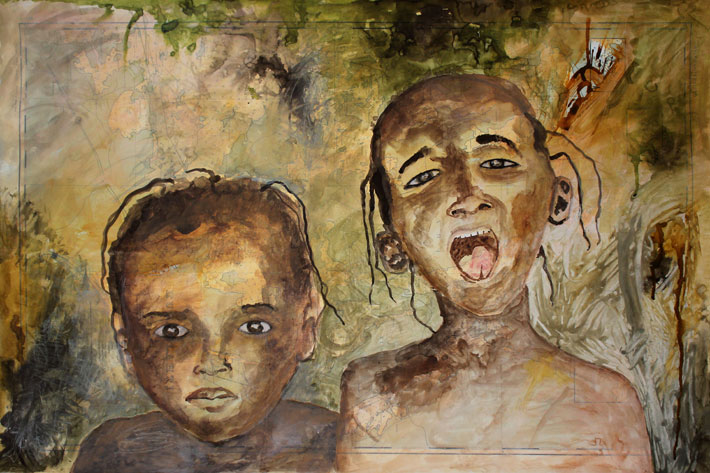 LAPSEN KATSE (CHILDS EYES), akvarelli, muste, värikynä ja hiili merikartalle (watercolor, ink, color pencil and charcoal on marine chart), 61 x 91cm, 2016