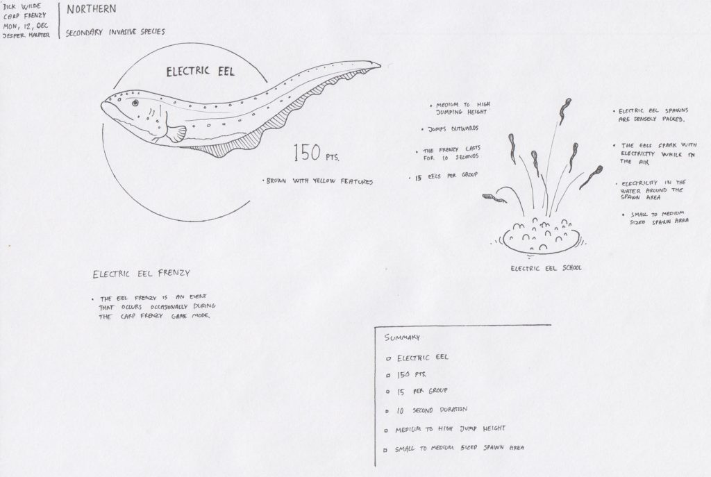 Electric eel were supposed to be an environment specific enemy type. It ended up being present in all environments with an important role in the game as an enemy that stuns the player for a few seconds.