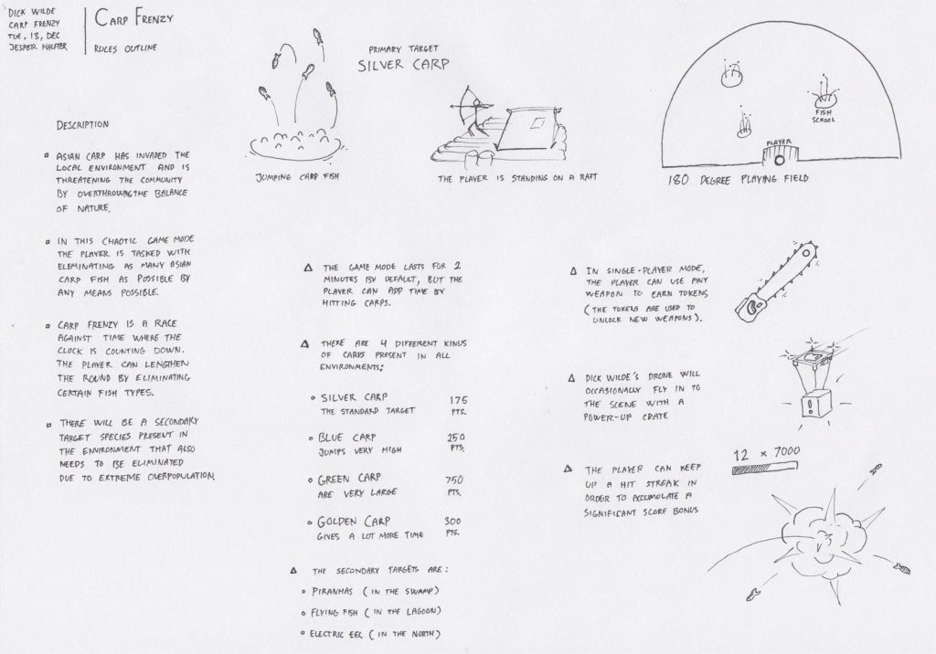 Another sketch of the early 'Carp Frenzy' game mode. After a lot of testing we found that solely attack fish that didn't propose any threat was not entertaining enough.