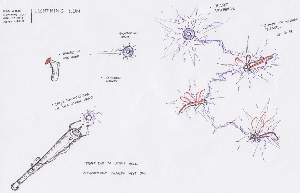 Concept for the electric ball bat. This weapon made it all the way to final testing with detailed models and animations. However, it did not create the same levels of success among testers as the other weapons. It was eventually removed completely. However, the idea of chain lightning was transferred onto the arrows shot using the bow. This allowed the bow to be a viable weapon even on the higher difficulties in the game.