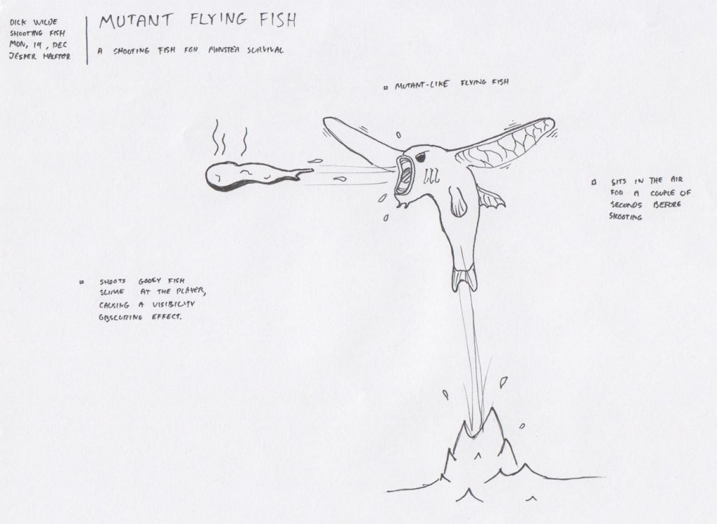 First sketch of the spitter fish enemy. The first iteration of this enemy had wings and would sit a moment in mid air before spitting. It was later dissected into two different enemy types; dragonflies and the spitter fish in the final version that spit at the apex of their jump. 