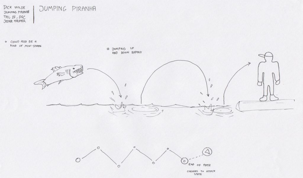 An early draft of how enemies could be jumping through the water in a zig-zag pattern towards the player.