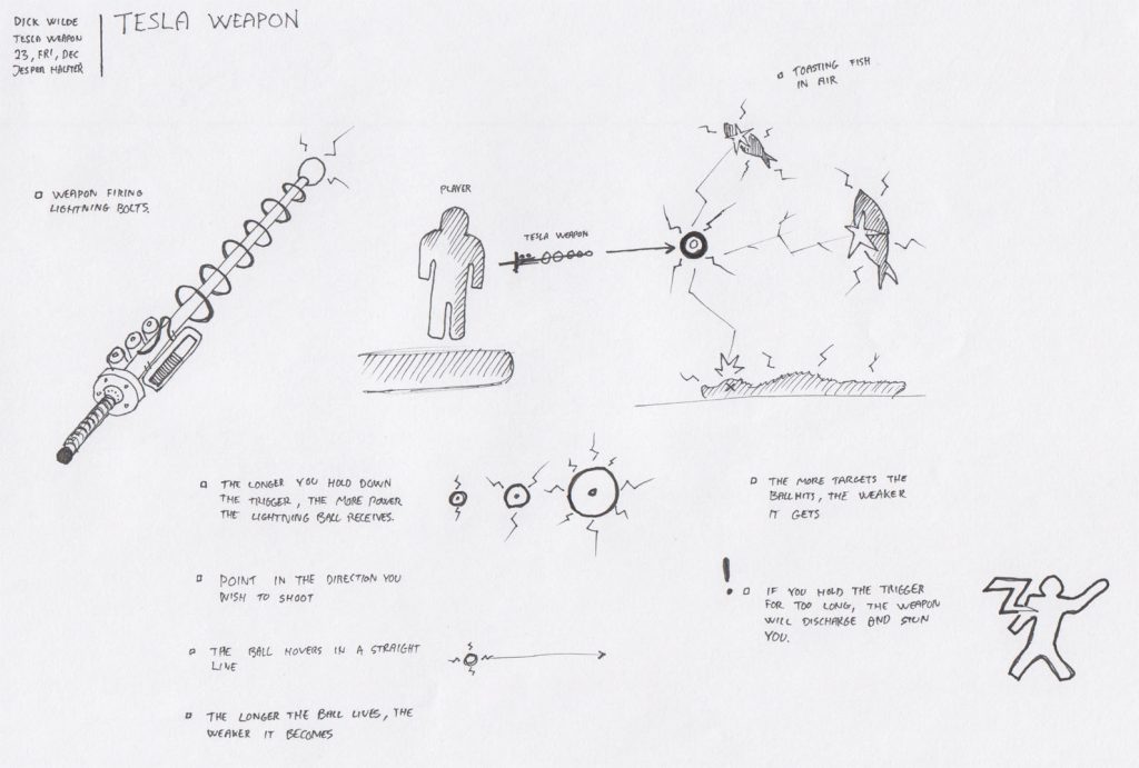 First draft of the electric bat. It was originally a short range weapon that the player could use to toast enemies that came close. It was severely overpowered and we found that once it was balanced properly, it simply wasn't fun to use as it created more frustration than excitement. It later became the electric ball launcher mentioned earlier.