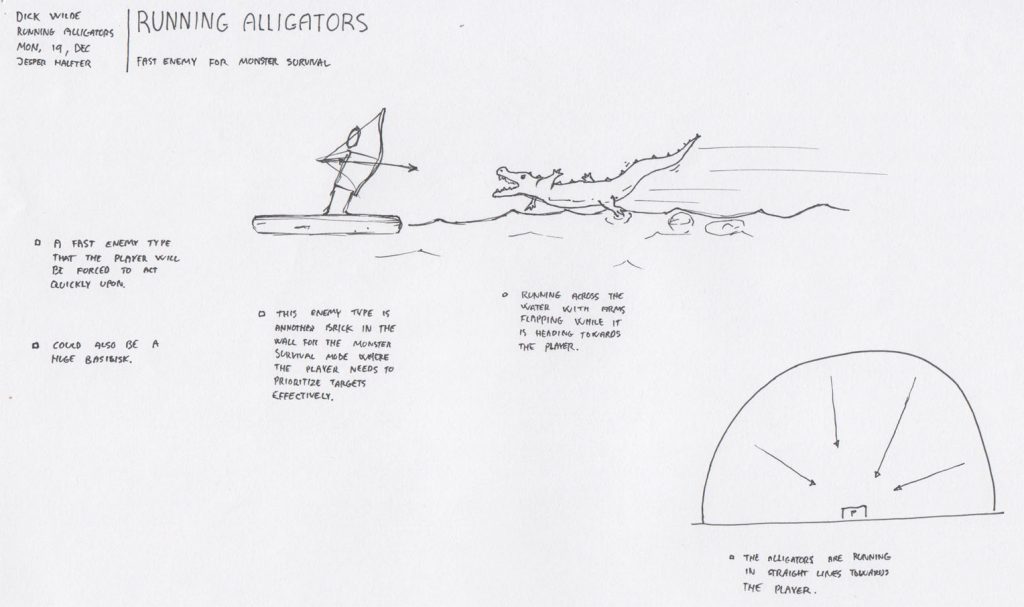 An early sketch of mutant gators running on the water. These were supposed to be quick enemies that demanded immediate attention. 