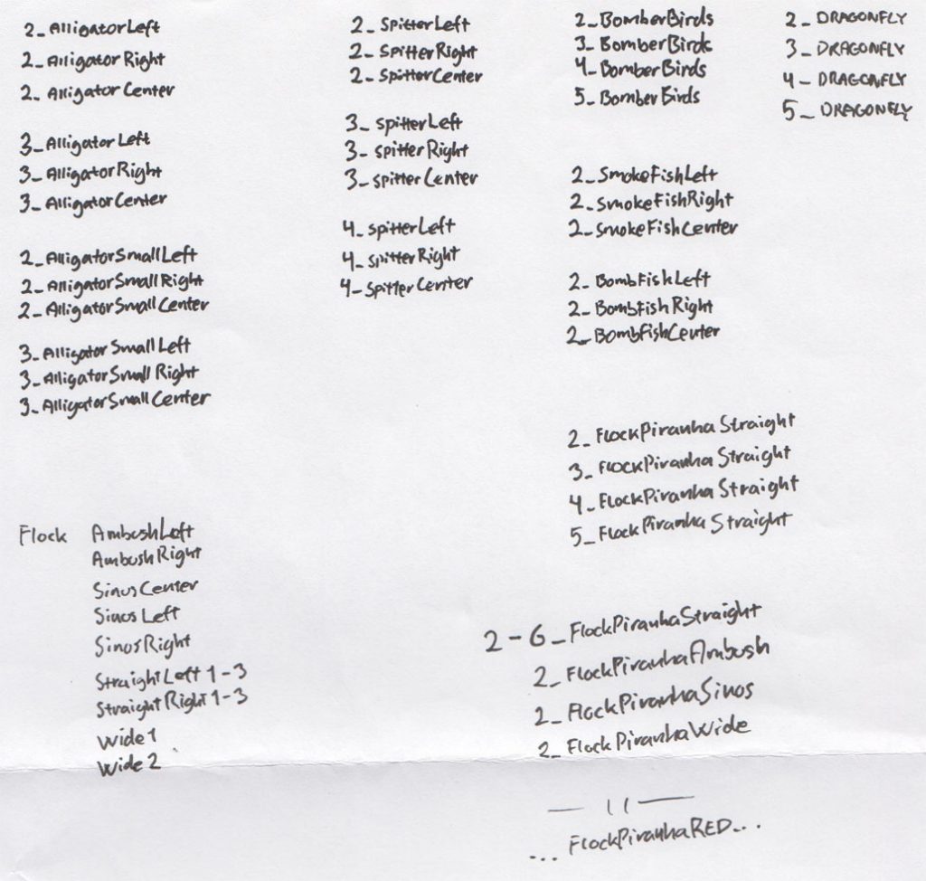 Notes for enemy wave creation. I put together different enemy compositions that I could spawn on specific points in a timeline and on a specified angle on the game area.