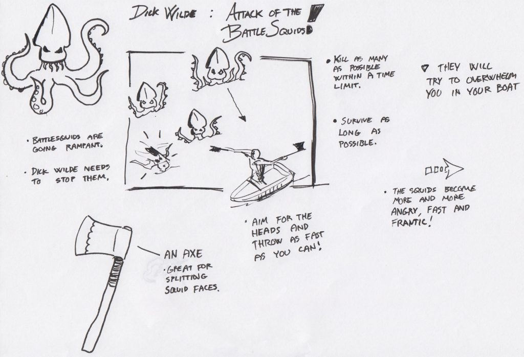 One of the first sketches of the 'Killerfish Attack' game mode. At that point the idea was that giant killer squids would mass towards the player while the player had to use axes to split their heads.