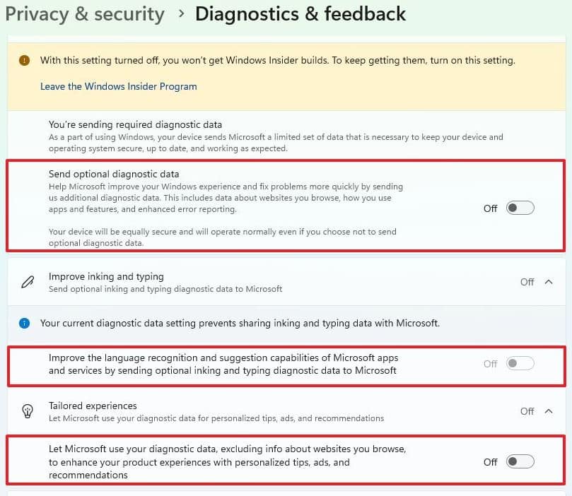 Diagnostic & feedback Windows 11 guide deaktivering