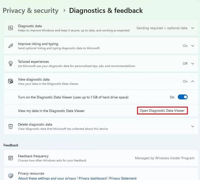 Open Diagnostic Data Viewer Windows 11 guide begræns dataindsamling