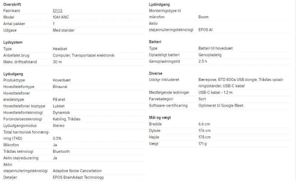 Specifikationer IMPACT 1061 ANC + Stand: