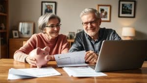 A middle-aged couple in their early 50s reviews retirement planning documents at a wooden table with a laptop, piggy bank, and pension paperwork in warm light.