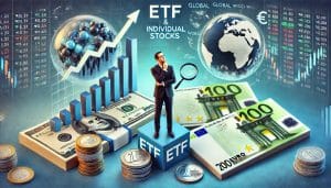 ETFs vs. Aktien – Ein europäischer Anleger analysiert den Unterschied zwischen ETFs und Einzelaktien mit Finanzberichten und Euro-Banknoten.