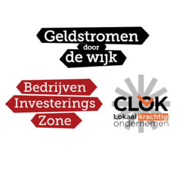 Logo's Geldstromen door de Wijk, BedrijvenInvesteringsZone.BIZ en Stichting CLOK