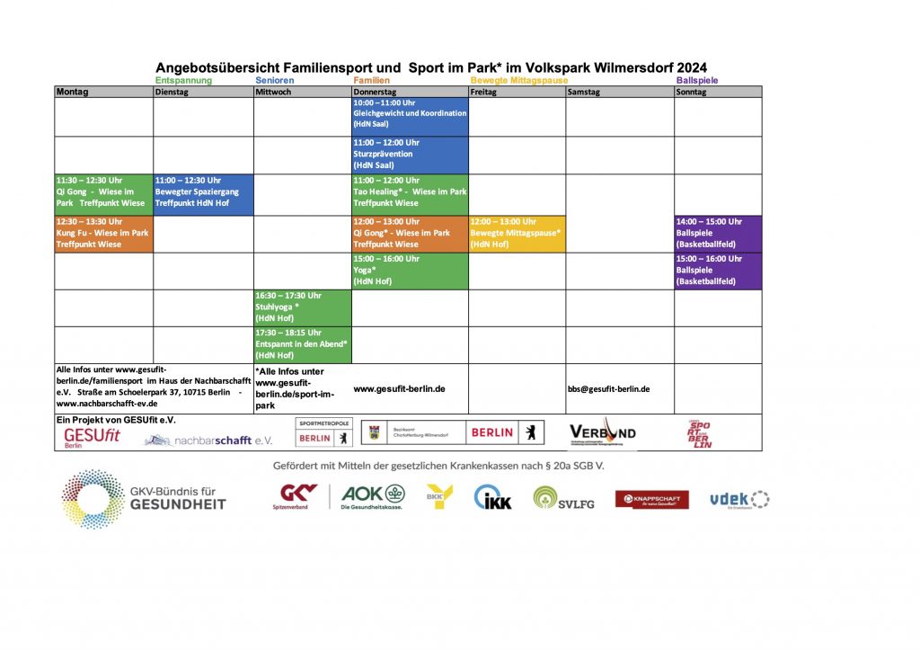 Angebote Familiensport Sommer 2024 Stundenplan