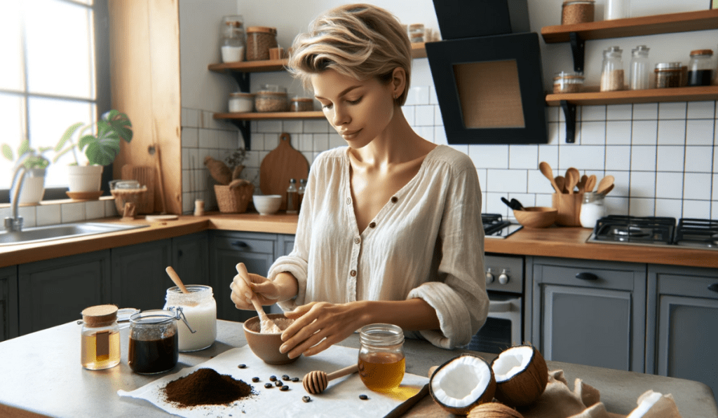 Frau, die in ihrer Küche eine Hautcreme aus Kaffee selbst zubereitet