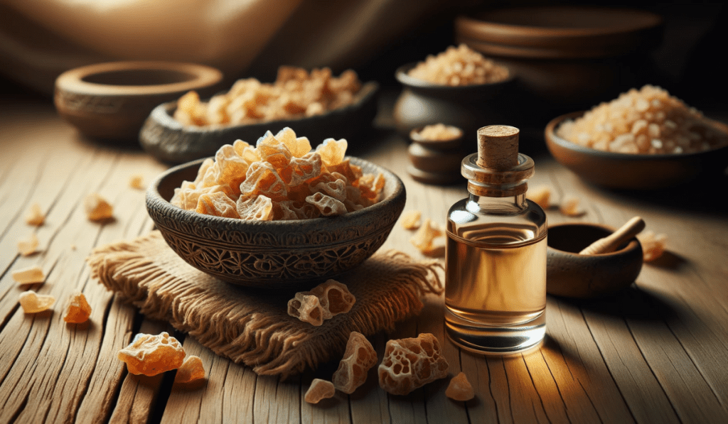 Roher Weihrauch und Weihrauchöl auf einem Holztisch