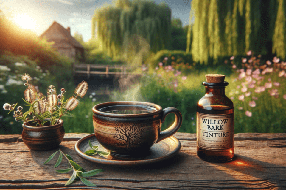 Weidenrinden Tee und Tinktur auf Holztisch