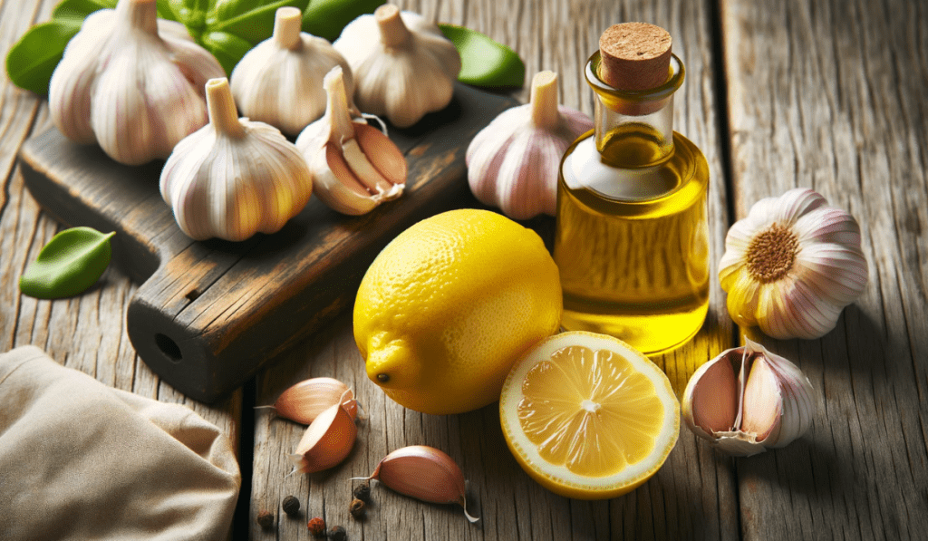 Zitrone, Knoblauch und Olivenöl auf einem Holztisch.