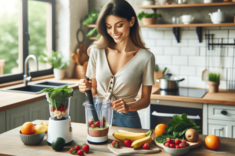 Eine Frau, die einen Smoothie zum Abnehmen in ihrer Küche zubereitet.