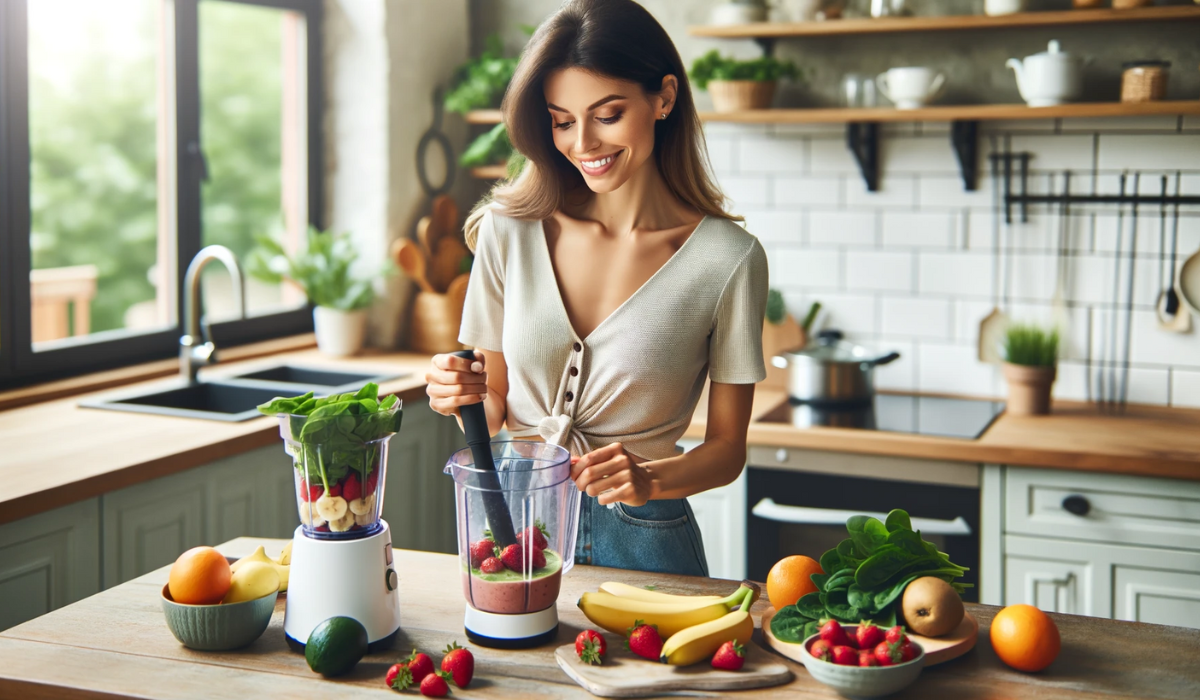 Eine Frau, die einen Smoothie zum Abnehmen in ihrer Küche zubereitet.