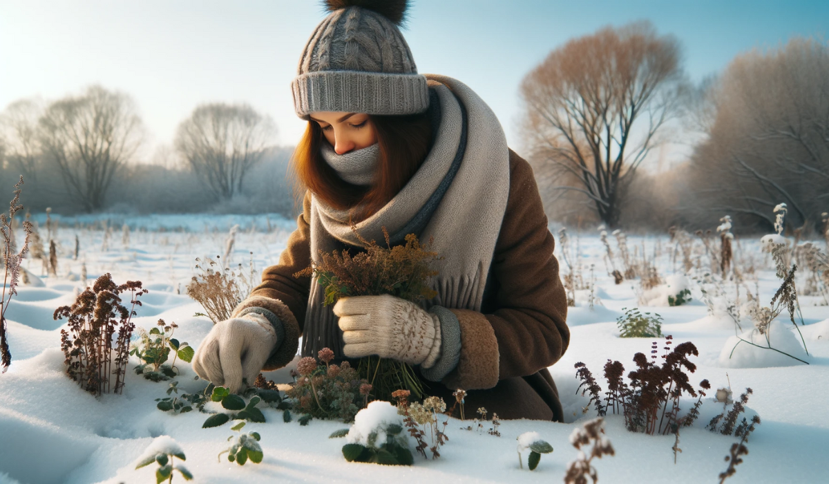 Frau, die im Winter Heilkräuter sammelt