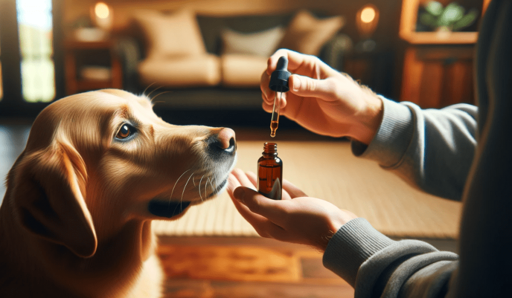Mann gibt Hund CBD Öl aus Tropfflasche