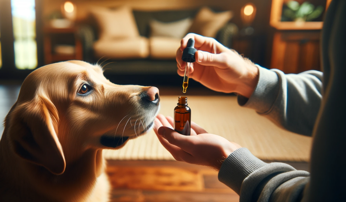 Mann gibt Hund CBD Öl aus Tropfflasche