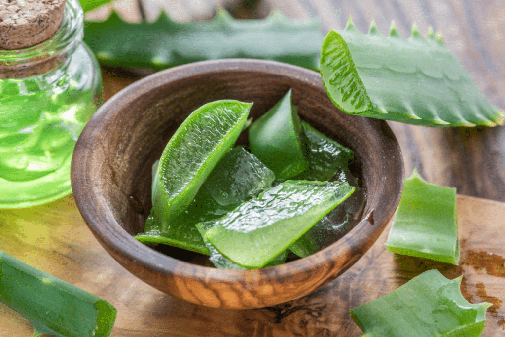 Aloe Vera in Stückren in Holzschale, daneben Aloe Vera Gel in Glas mit Korkdeckel Zahnfleischprobleme 